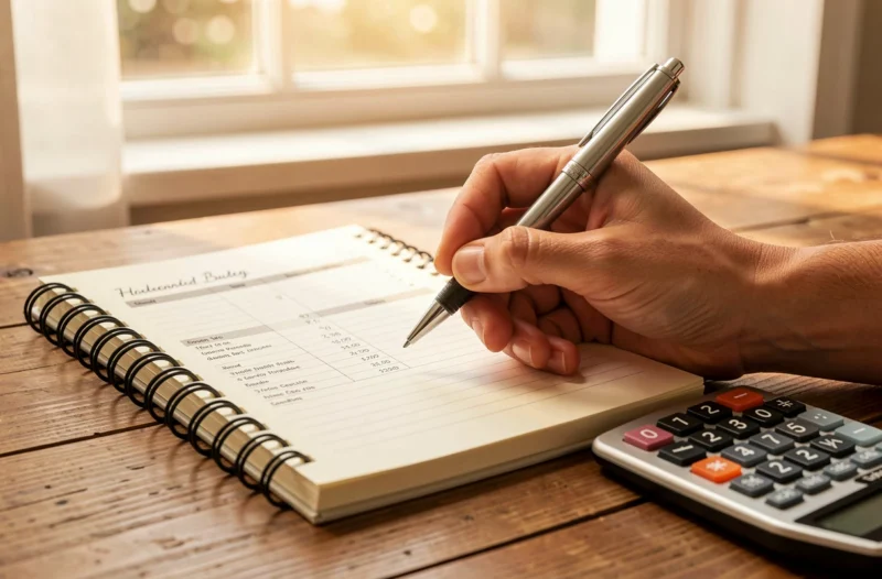 Main notant le budget mensuel d'un foyer à côté d'une calculatrice