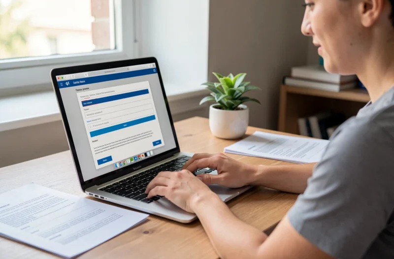 Personne remplissant une demande en ligne sur un ordinateur portable