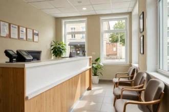 Salle d'attente d'un cabinet médical avec comptoir d'accueil